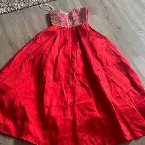 TLC Red Beaded Strapless Formal Dress